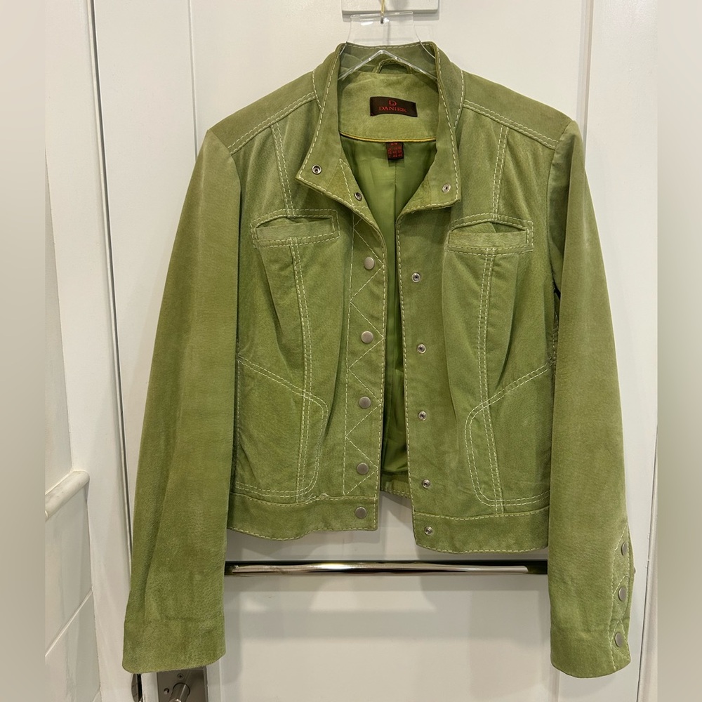 Vintage Danier Green White Trim Suede Leather  Ladies Jacket Size M Fitted Style